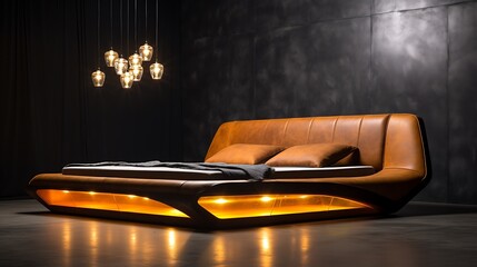Cognac leather bed with charcoal gray concrete wall, underlit platform frame and artistic suspended lighting sculpture