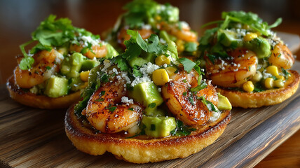 Mini corn tostadas with zesty shrimp and fresh toppings
