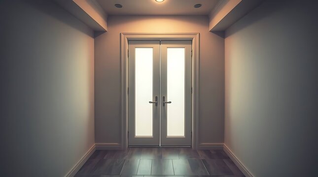 Illuminated hallway with french doors creating a sense of anticipation