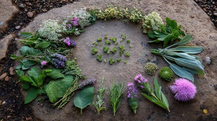 Assorted herbs and flowers arranged in a circle on a stone surface