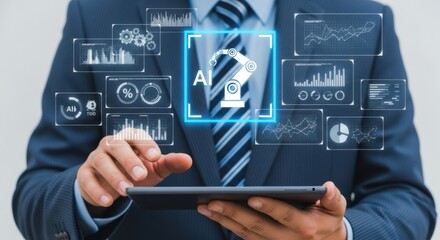 A businessman is using a tablet with ai data analysis