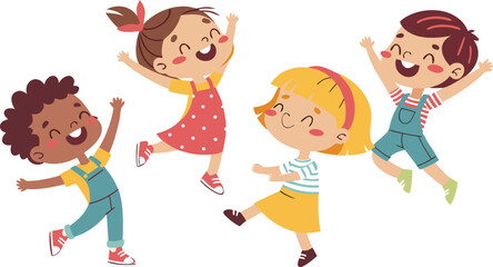 Naklejka premium Vector Illustration Of Children Playing Jumping kids. Happy funny children playing and jumping in different action poses education little team vector characters. Illustration of kids and children fun 