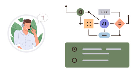 Man with headset engaging in tech-related communication visual AI workflow illustrating automation processes. Ideal for tech support, automation, communication, innovation, AI systems, customer