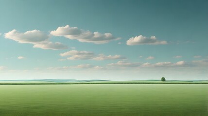 Serene green field under a pastel sky with fluffy clouds and distant tree