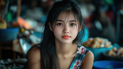 Asian Woman Market stall Owner. Merchant Selling working in Market stall, looking at camera. Startup successful small business owner. Small and Medium Enterprises concept. 