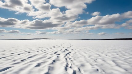 Footprints Across a Vast, Undulating Snowfield Under a Blue Sky