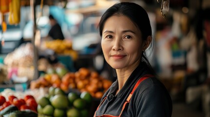 Asian Woman Market stall Owner. Merchant Selling working in Market stall, looking at camera. Startup successful small business owner. Small and Medium Enterprises concept. 