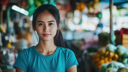 Asian Woman Market stall Owner. Merchant Selling working in Market stall, looking at camera. Startup successful small business owner. Small and Medium Enterprises concept. 