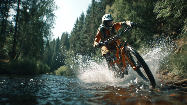 Rowerzysta pokonuje strumień, tworząc dynamiczne rozbryzgi wody w lesie. Energia i ruch w naturze uchwycone w kadrze.