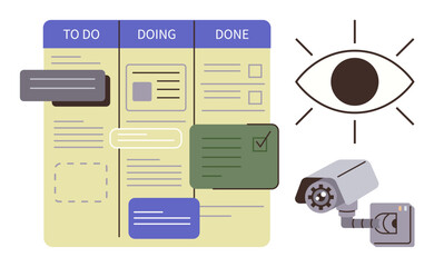 Task board with To Do, Doing, Done columns, security camera and eye symbol indicating oversight, accountability, workflow, progress, team productivity, project organization simple flat metaphor