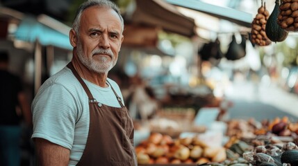 European Man Market stall Owner. Merchant Selling working in Market stall, looking at camera. Startup successful small business owner. Small and Medium Enterprises concept. 