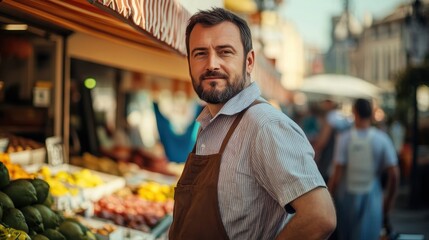 European Man Market stall Owner. Merchant Selling working in Market stall, looking at camera. Startup successful small business owner. Small and Medium Enterprises concept.