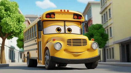 A fun cartoon school bus driving through the city, its wheels spinning. Ideal for children's content, education and transport. A great image for childhood and travel related themes. - Powered by Adobe