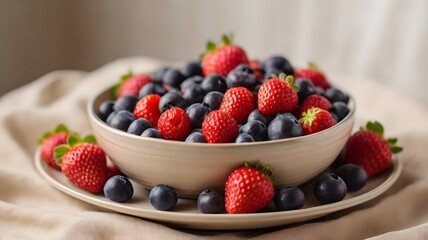 Fresh strawberries and blueberries overflowing from a ceramic bowl on a plate