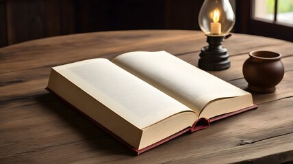 Open Book on Rustic Wooden Table with Antique Lamp
