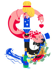 Dollar symbol illustration with rich, ugly man and beautiful, young woman