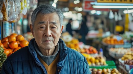 Asian Man Market stall Owner. Merchant Selling working in Market stall, looking at camera. Startup successful small business owner. Small and Medium Enterprises concept. 