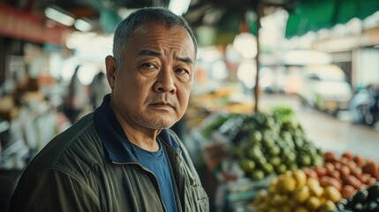 Asian Man Market stall Owner. Merchant Selling working in Market stall, looking at camera. Startup successful small business owner. Small and Medium Enterprises concept. 