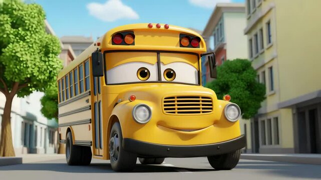 A fun cartoon school bus driving through the city, its wheels spinning. Ideal for children's content, education and transport. A great image for childhood and travel related themes.
