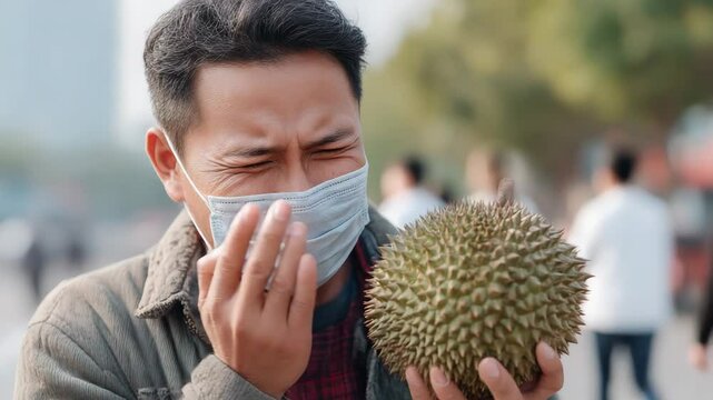 Reaction to durian: a man in a medical mask winces and waves away the specific unpleasant smell of the fruit with a gesture. Close-up, expressing disgust. Humor and emotion.