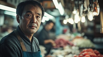 Asian Man Market stall Owner. Merchant Selling working in Market stall, looking at camera. Startup successful small business owner. Small and Medium Enterprises concept. 