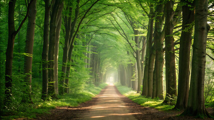 Obraz premium Walkway in a green spring beech forest in Leuven, Belgium. Beautiful natural tunnel.