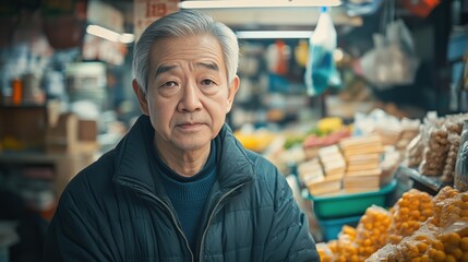 Asian Man Market stall Owner. Merchant Selling working in Market stall, looking at camera. Startup successful small business owner. Small and Medium Enterprises concept. 