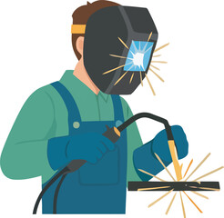 Welder wearing protective gear welding metal with sparks flying in a vector illustration.