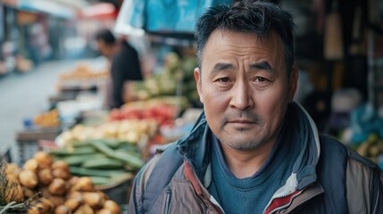 Asian Man Market stall Owner. Merchant Selling working in Market stall, looking at camera. Startup successful small business owner. Small and Medium Enterprises concept. 