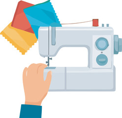 A hand operating a sewing machine with colorful fabric swatches nearby.