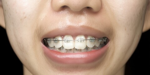 Cropped portrait of young woman smiling with dental braces showing natural beauty and healthy teeth orthodontic treatment concept for dental care hygiene medicine and modern healthcare promotion