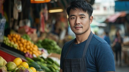 Asian Man Market stall Owner. Merchant Selling working in Market stall, looking at camera. Startup successful small business owner. Small and Medium Enterprises concept. 