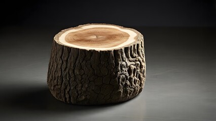 Polished Tree Stump with Intricate Bark Detail on a Dark Background
