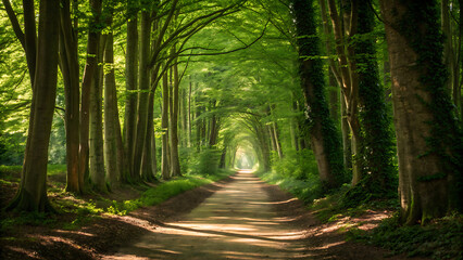 Obraz premium Walkway in a green spring beech forest in Leuven, Belgium. Beautiful natural tunnel.