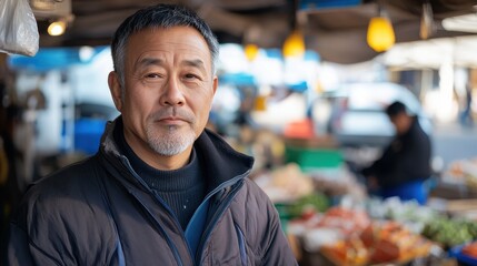 Asian Man Market stall Owner. Merchant Selling working in Market stall, looking at camera. Startup successful small business owner. Small and Medium Enterprises concept. 