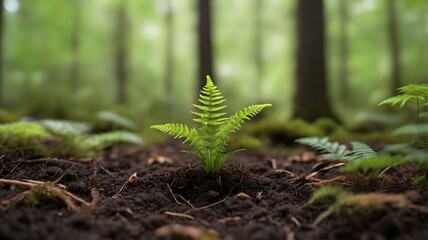 Vibrant Fern Emerging From Forest Floor, Lush Greenery and Natural Beauty