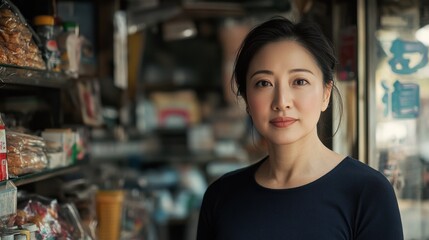 Asian Woman Market stall Owner. Merchant Selling working in Market stall, looking at camera. Startup successful small business owner. Small and Medium Enterprises concept. 