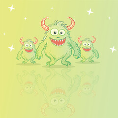 Naklejka premium Friendly Green Hairy Monsters with Horns and Reflection