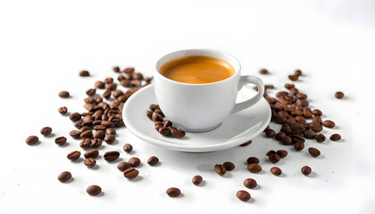 Fototapeta premium White coffee cup surrounded by scattered roasted beans on a clean surface. A warm and inviting composition for lifestyle and beverage design