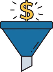 A stylized illustration of a funnel with a dollar sign above it, representing financial growth.