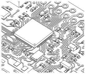 Circuit board with CPU on it close-up illustration