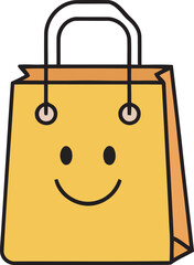A yellow shopping bag with a smiling face and handles, presented as a simple cartoon illustration.