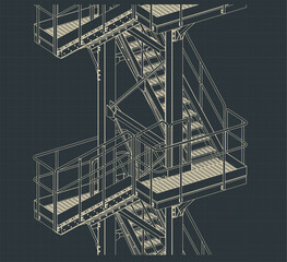 Industrial metal staircase isometric blueprint close up