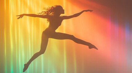 Naklejka premium A graceful female dancer in silhouette leaps against a vibrant, colorful backdrop of swirling lights.