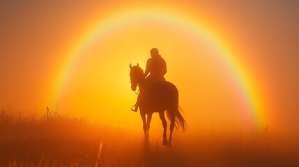 Fototapeta premium A silhouette of a rider on a horse against a vibrant rainbow and golden sunrise.