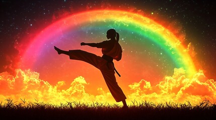 Silhouette of a female martial artist practicing a high kick against a vibrant, rainbow-colored sunset.