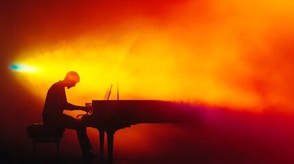 Fototapeta premium Silhouette of a male pianist against a vibrant orange and yellow smoky backdrop, creating a dramatic atmosphere.