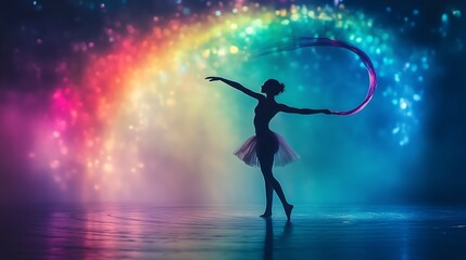 Obraz premium Graceful female dancer silhouette showcasing elegance against a vibrant rainbow backdrop.