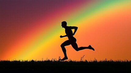 Silhouette of a male runner against a vibrant rainbow backdrop at sunset.