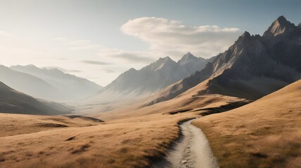 Winding Path Through Golden Fields Leading to Majestic Mountain Peaks